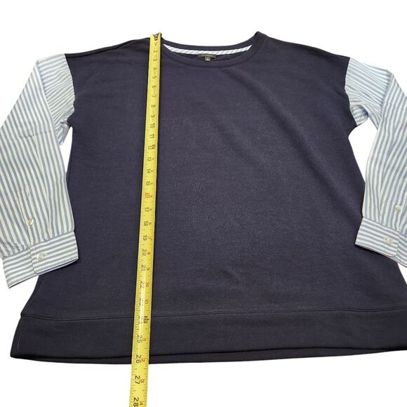 Talbots Top Woven Sleeve Crew Neck Navy Blue Striped Long Sleeve Preppy Twee L - Picture 9 of 14
